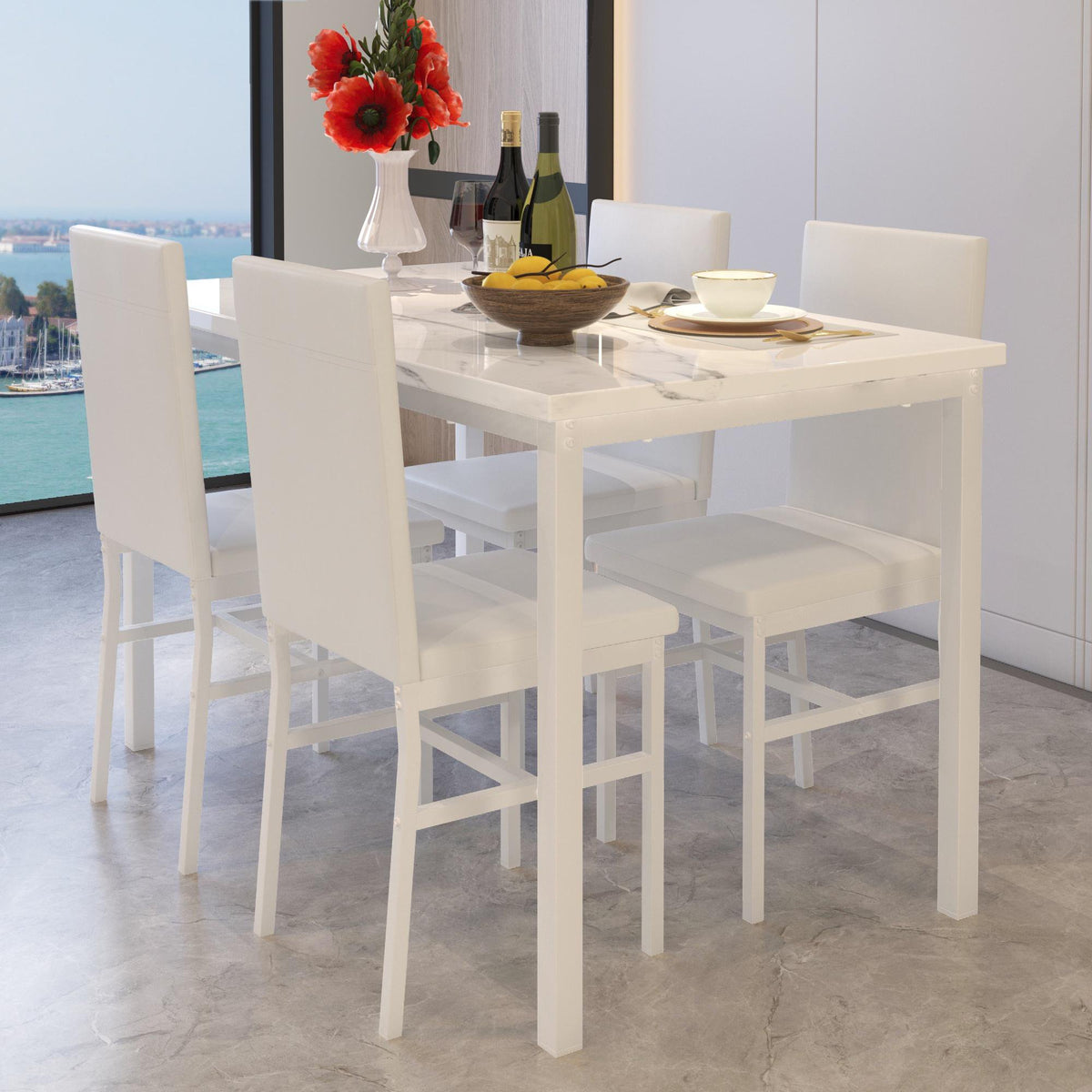 Dining Room Table Set for 4, Kitchen Table Set with 4 PU Upholstery Chairs, Modern Faux Marble Top Finish Dining Set for Bar, Breakfast Nook, White