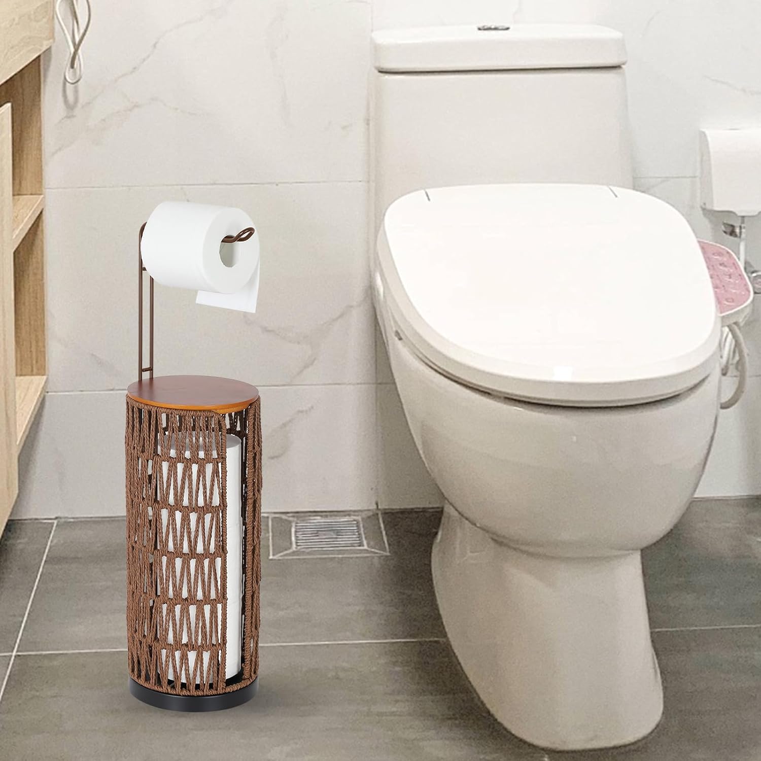 CASEMIOL Toilet Paper Holder Free Standing with Shelf, Handmade Woven Toilet Paper Holder Stand for 4 Rolls, Toilet Paper Storage for Phones and Small Items, Tissue Holder for Bathroom