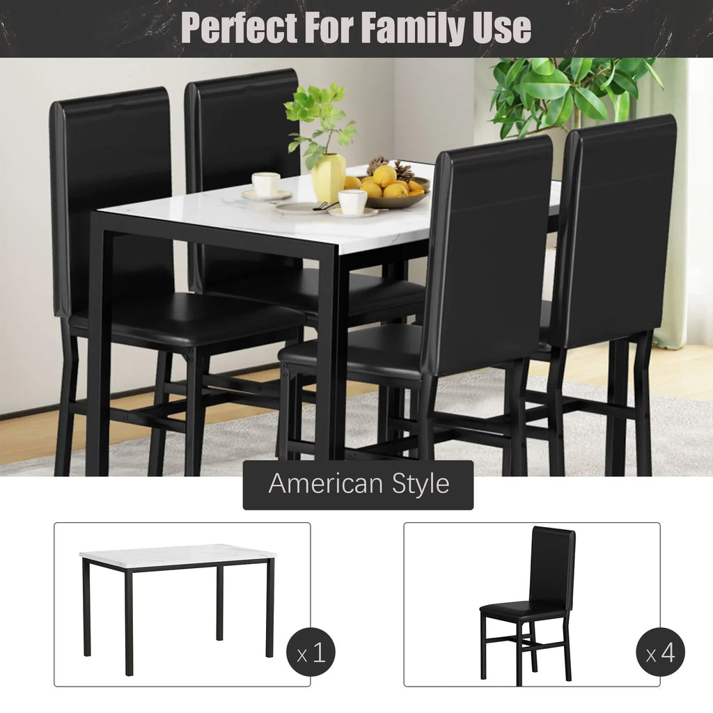 Dining Room Table Set for 4, Kitchen Table Set with 4 Upholstery Chairs, Modern Faux Marble Top Finish Dining Set for Bar, Breakfast Nook, Black