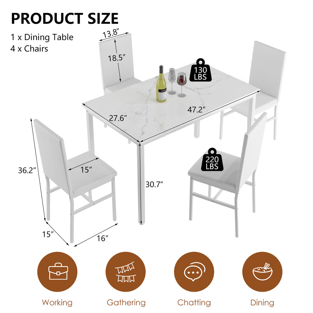 Dining Room Table Set for 4, Compact Kitchen Table and Chairs Set, Including 4 Upholstered Chairs, Marble Tabletop Rectangular Table, White