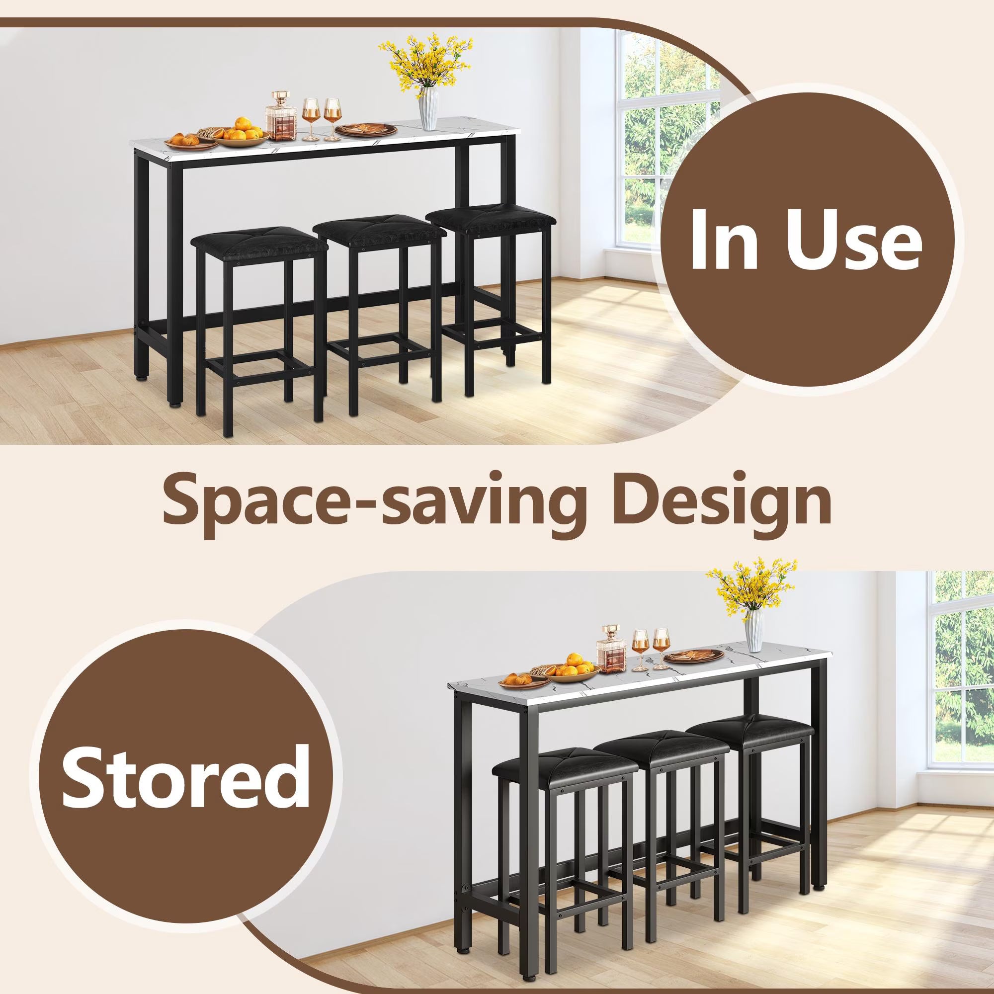 4 Pieces Dining Table Set, Extra Long Bar Table Set with 3 Upholstered Stools, Kitchen Tables Set for Small Spaces, Breakfast Nook, Dining Room, Restaurant, White