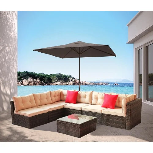 ENYOPRO 7-Piece Outdoor Patio and Garden Set, Modular Outdoor Casual Set with Coffee Glass Table and Cushions, Suitable for Patios, Gardens, Backyards, and Poolside (Light Brown)