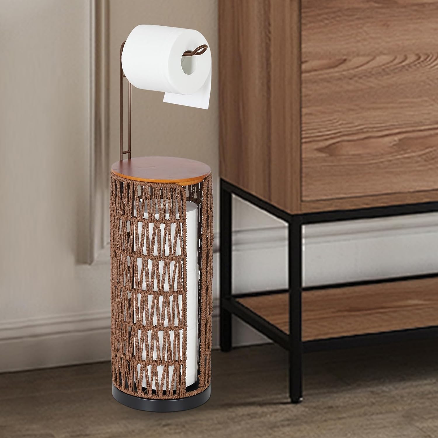 CASEMIOL Toilet Paper Holder Free Standing with Shelf, Handmade Woven Toilet Paper Holder Stand for 4 Rolls, Toilet Paper Storage for Phones and Small Items, Tissue Holder for Bathroom