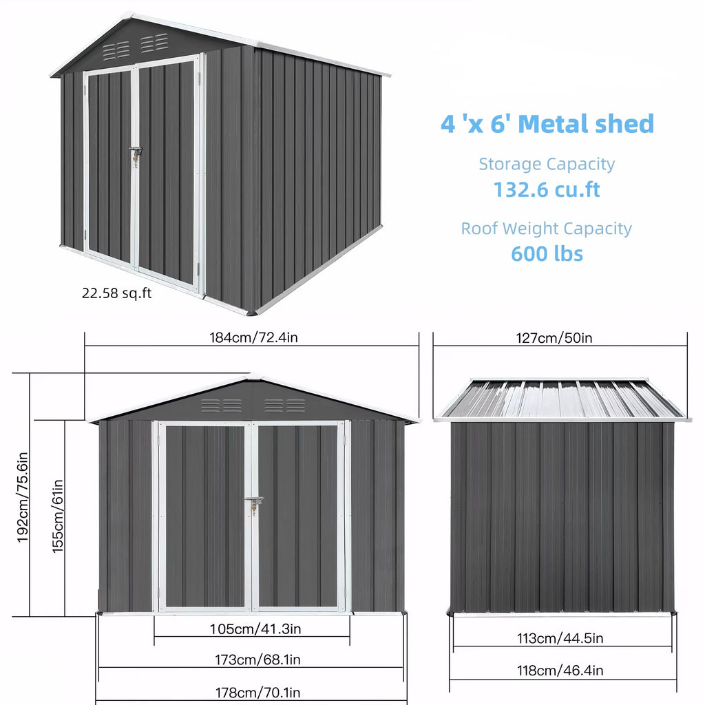 6' x 4' Outdoor Storage Shed with Base, ENYOPRO Galvanized Metal Garden Tool Shed with Lockable Double Doors, Sloped Roof & Vent for Backyard Patio Lawn, Gray