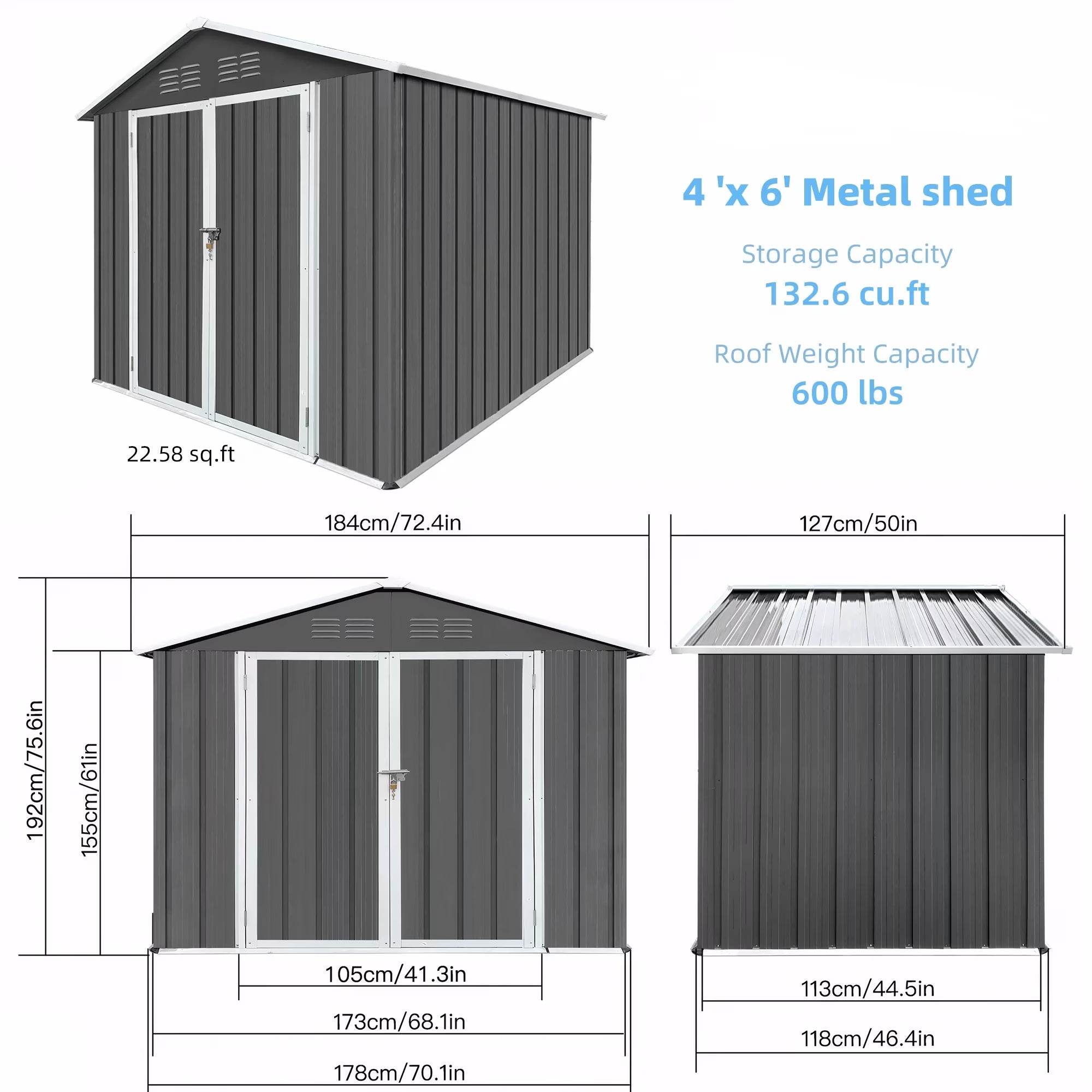6' x 4' Outdoor Storage Shed with Base, ENYOPRO Galvanized Metal Garden Tool Shed with Lockable Double Doors, Sloped Roof & Vent for Backyard Patio Lawn, Gray