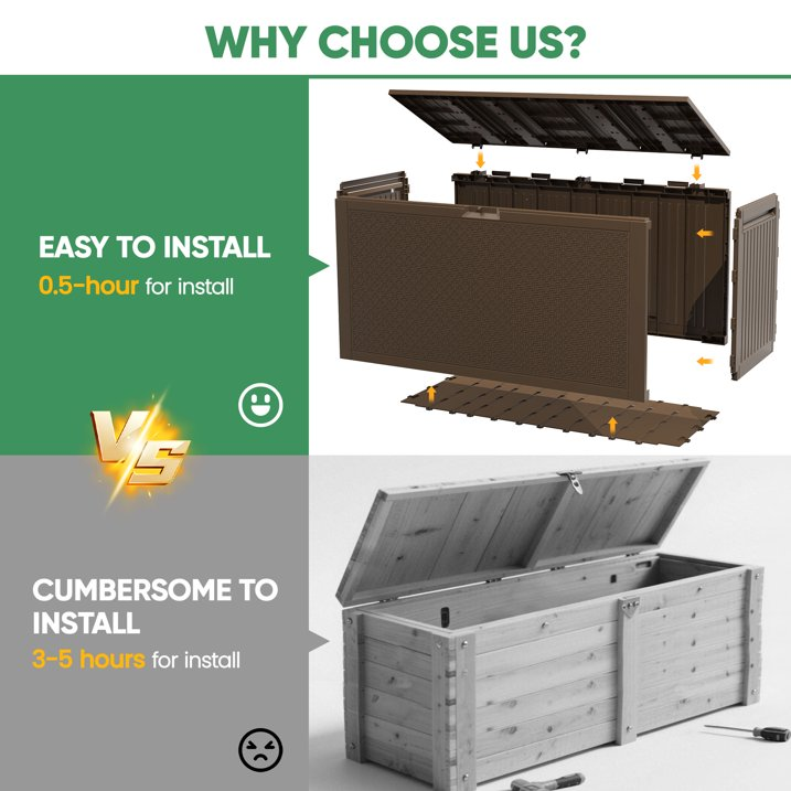 Enyopro 90 Gallon Deck Box, Organization and Storage Box for Patio Furniture Outdoor Cushions, Throw Pillows, Garden Tools and Pool Toys, Brown