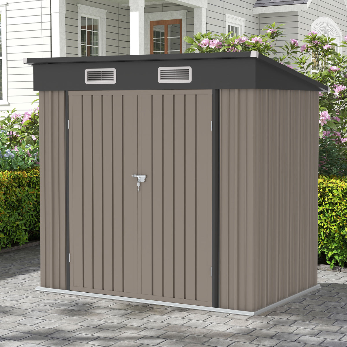 6' x 4' Outdoor Storage Shed, ENYOPRO Galvanized Metal Garden Tool Shed with Lockable Double Doors, Sloped Roof & Vent for Bike, Lawn Mower & Backyard Storage, Brown