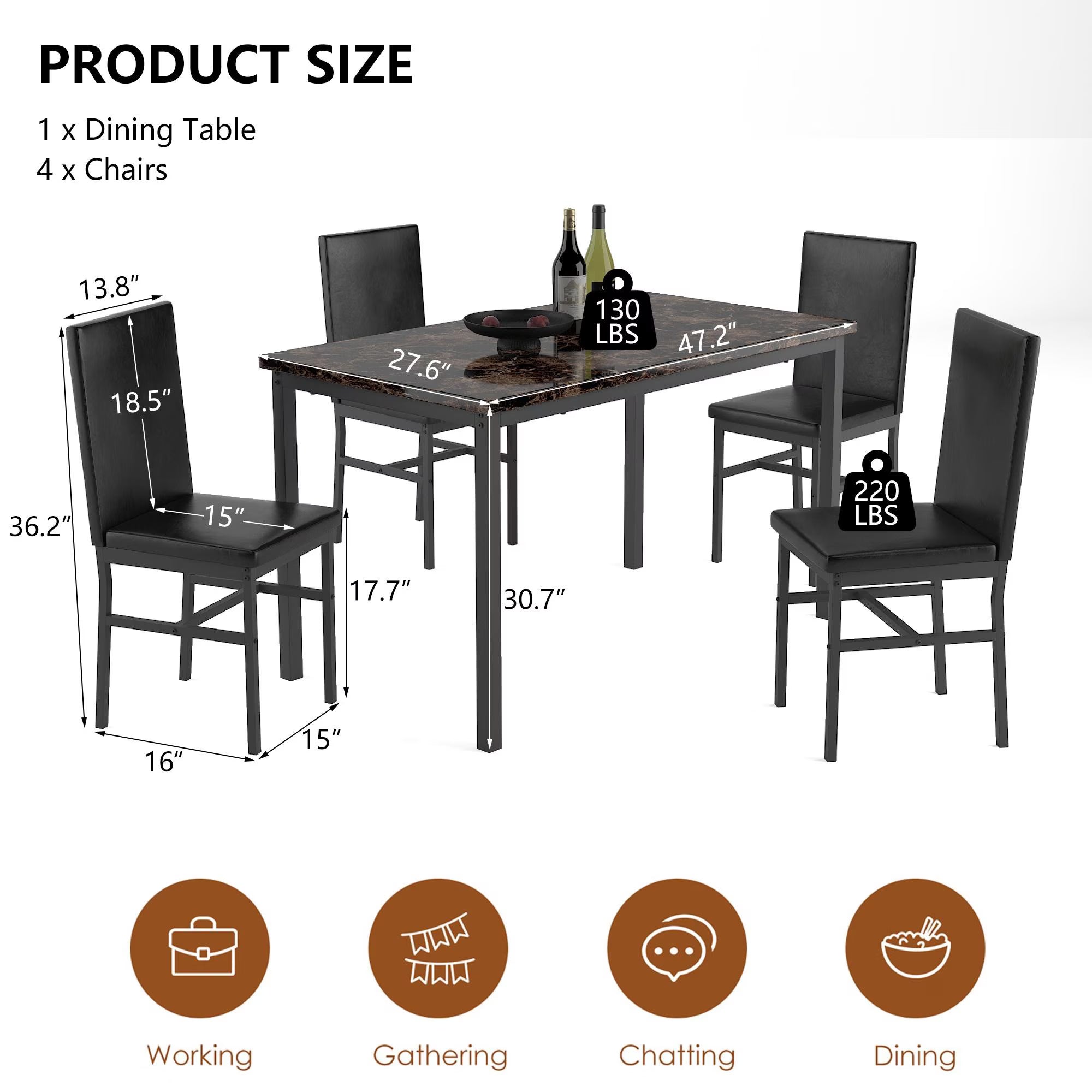 Dining Room Table Set for 4, Kitchen Table Set with 4 Upholstery Chairs Chairs, Modern Faux Marble Top Finish Dining Set for Bar, Breakfast Nook, Brown