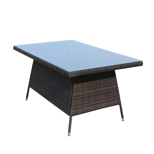 Outdoor Patio Dining Table 63" x 39.4" Rectangular Aluminum Outdoor Clear Glass Dining Table, seats 6, brown