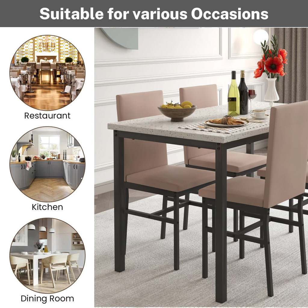 5 Piece Rectangle Dining Table Set for Small Space, Modern Faux Marble Tabletop and 4 Velvet Chairs, Compact Kitchen Table Set for Home, Breakfast Nook, Cafeteria Dining Room