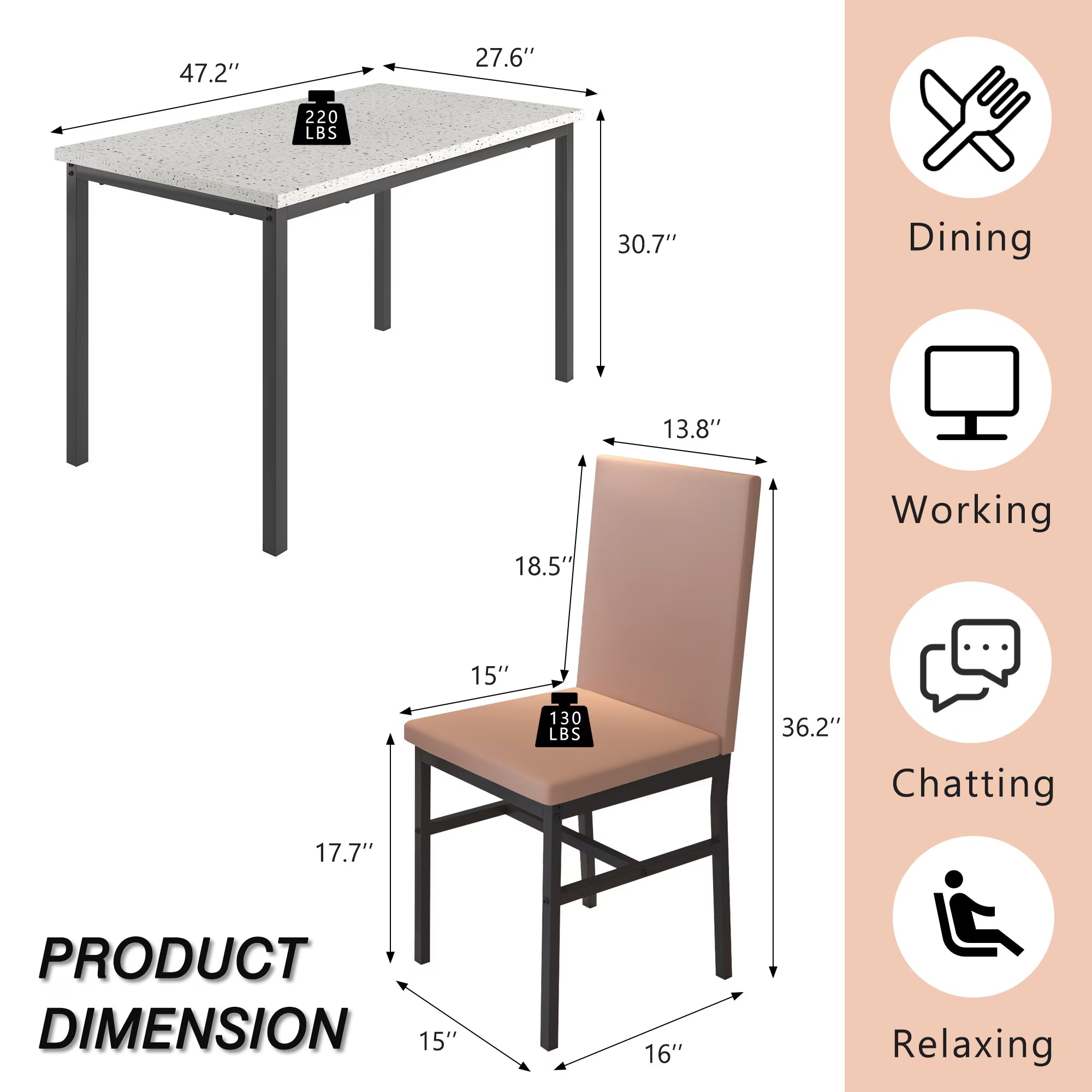 5 Piece Rectangle Dining Table Set for Small Space, Modern Faux Marble Tabletop and 4 Velvet Chairs, Compact Kitchen Table Set for Home, Breakfast Nook, Cafeteria Dining Room