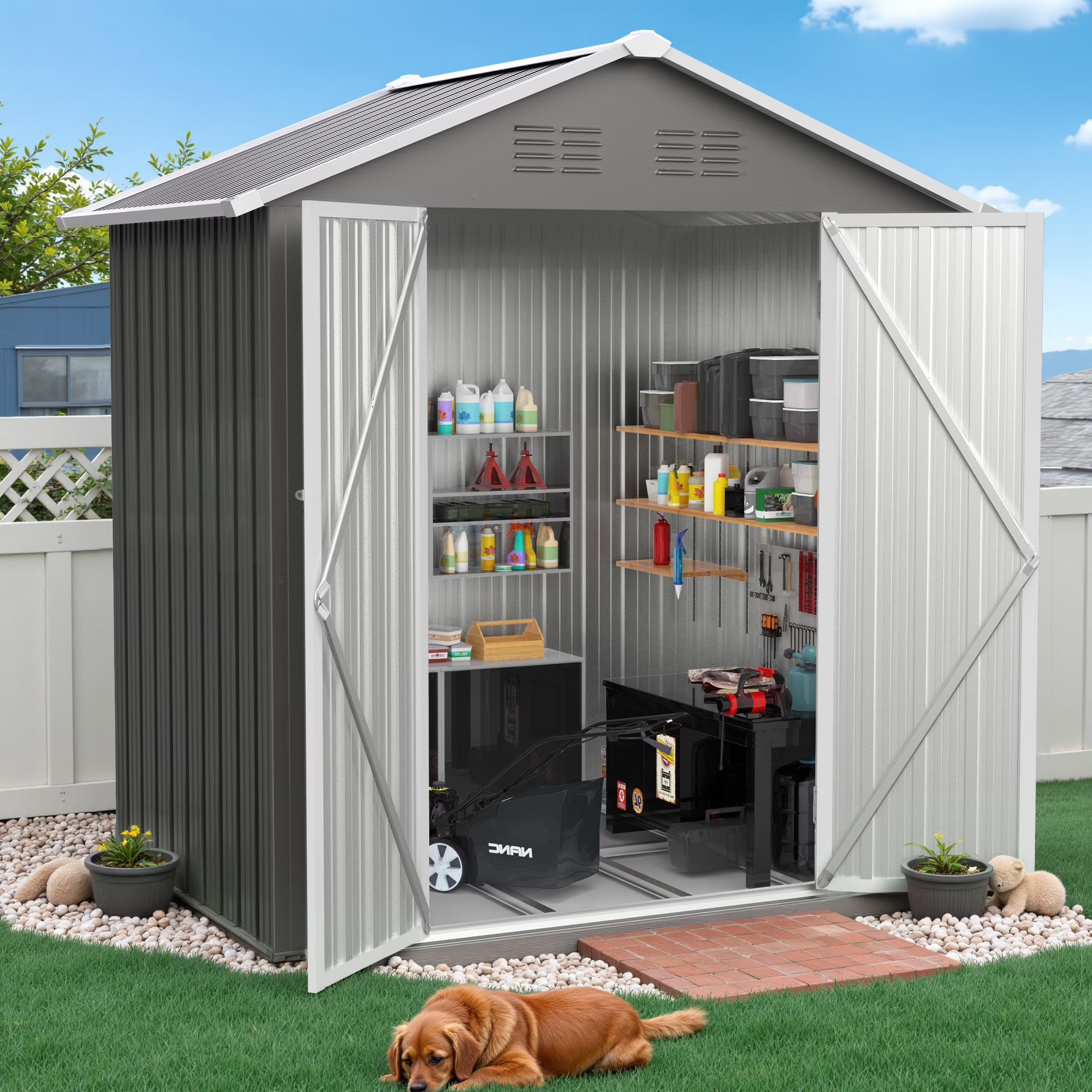 6' x 4' Outdoor Storage Shed with Base, ENYOPRO Galvanized Metal Garden Tool Shed with Lockable Double Doors, Sloped Roof & Vent for Backyard Patio Lawn, Gray