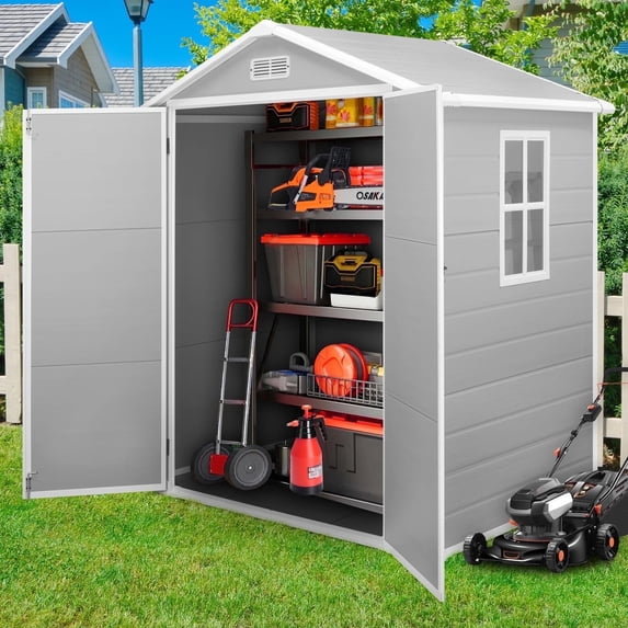 Enyopro 6 x 4.4FT Shed & Outdoor Storage, All-Weather Plastic Resin Outdoor storage Shed for Outside with Floor, Utility Tool Large Shed with Dual Lockable Doors for Patio Backyard Lawn, Gray