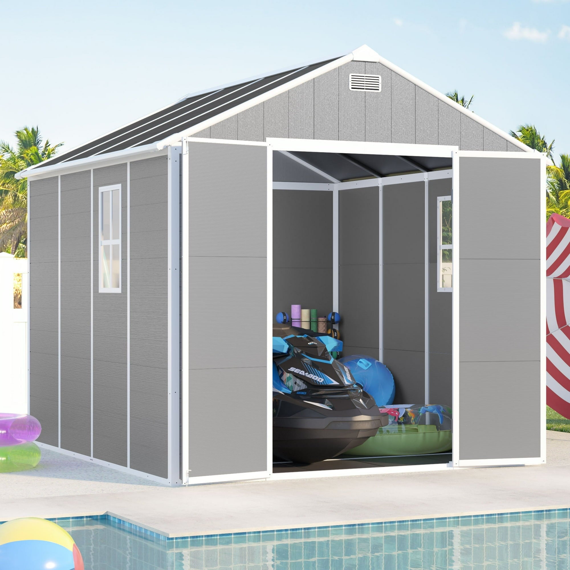 Enyopro 8 x 8FT Outdoor Storage Shed, All-Weather Plastic Resin Utility Tool Large Shed with Dual Lockable Doors for Patio Backyard Lawn, Gray