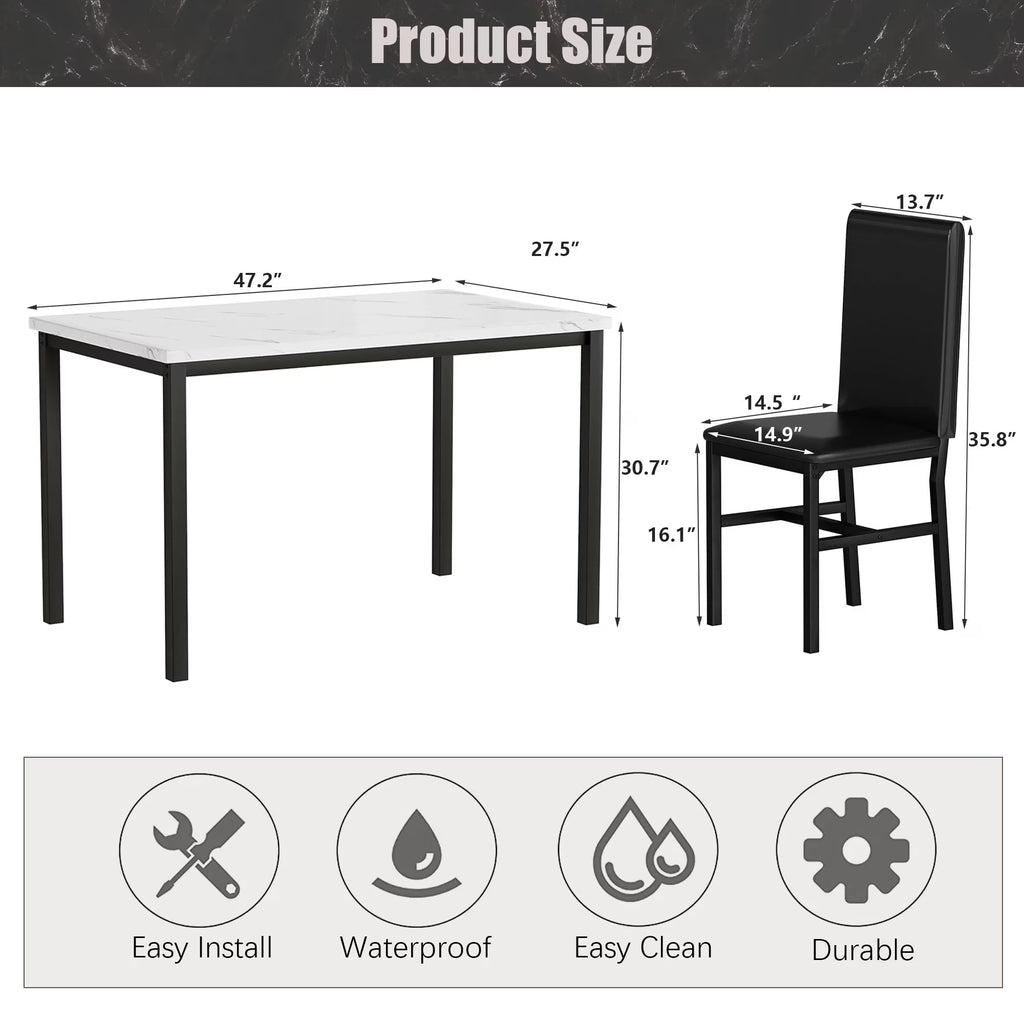 Dining Room Table Set for 4, Kitchen Table Set with 4 Upholstery Chairs, Modern Faux Marble Top Finish Dining Set for Bar, Breakfast Nook, Black