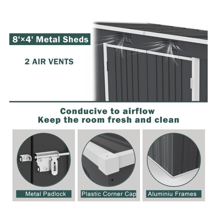 ENYOPRO 8' x 4' Outdoor Storage Shed, Galvanized Metal Garden Tool Shed with Lockable Double Doors, Sloped Roof & Vent for Bikes, Lawn Mower & Garden Tools, Gray