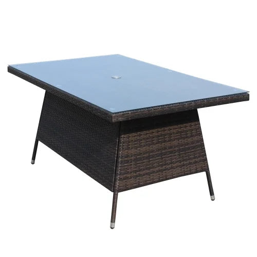 Outdoor Patio Dining Table 63" x 39.4" Rectangular Aluminum Outdoor Clear Glass Dining Table, seats 6, brown
