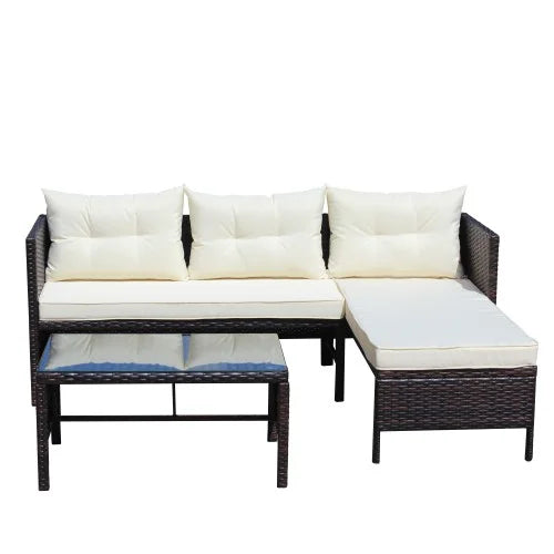 ENYOPRO 3-Piece Outdoor Patio Set, PE Rattan Lounge Sofa with Glass Table, Suitable for Patios, Gardens, Backyards, and Poolside (Off-White )