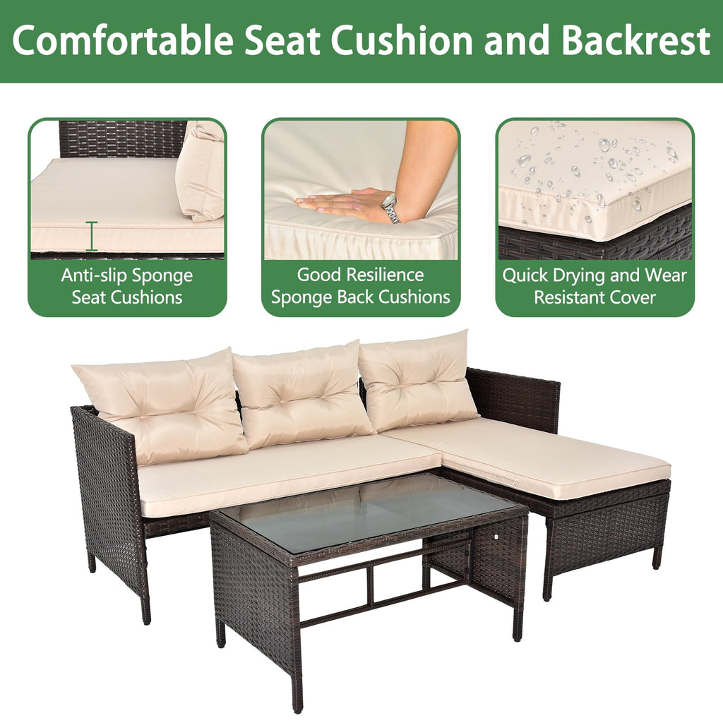 3 PCS Patio Sectional Sofa Conversation Set, All Weather Rattan Patio Furniture Set, Brown Outdoor Chaise Lounge Set with Cushion and Table, Deck Backyard Porch Furniture