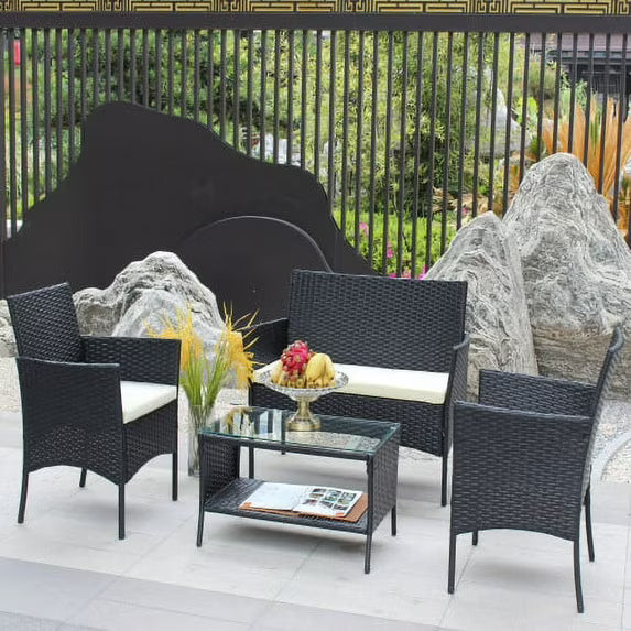 ENYOPRO 4-Piece Rattan Outdoor Patio Upholstered Furniture Set with Beige Cushions and a Glass Coffee Table, Perfect for Pools, Gardens, Patios, and Backyards