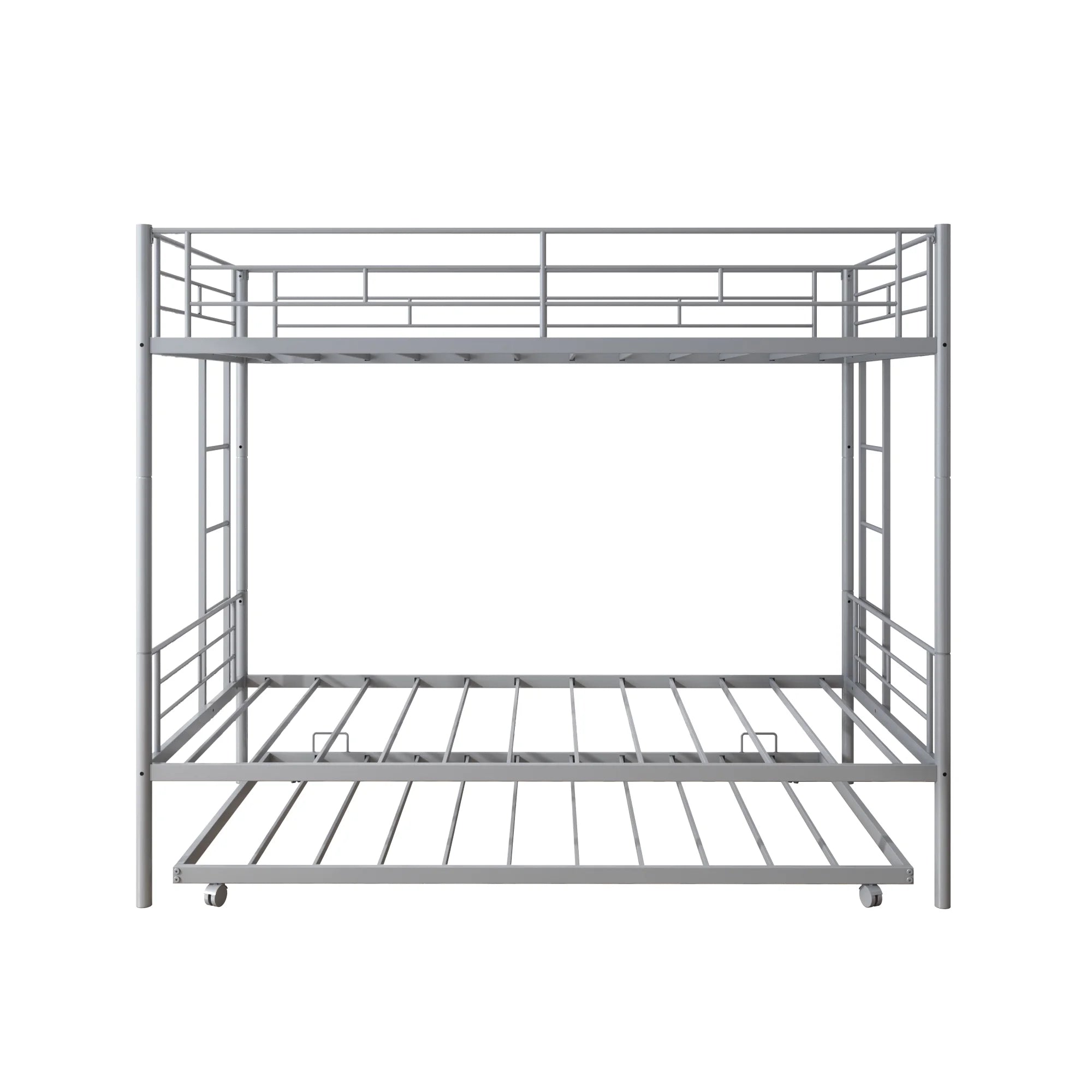 Enyopro Bunkbed with Roll Out Trundle Bed Frame, Metal Bunk Bed can be Divided into Two Twin Beds, Trundle Twin Bunk Bed with Ladders and Guardrails for Guest Room, Space Saving Bedroom Furniture