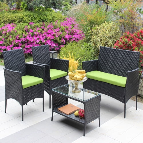 ENYOPRO 4-Piece PE Rattan Patio Conferencing Set, UV-Resistant Outdoor Patio Garden Upholstered Sofa Set with Glass Table (Green Cushions)