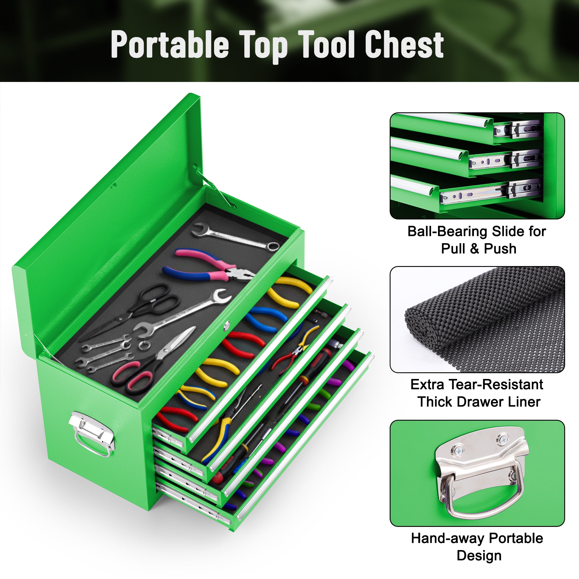 Enyopro 5-Drawer Rolling Tool Chest, Stainless Steel Tool Box with Brake Wheels and 5 Drawers, Detachable Tool Cart, Green