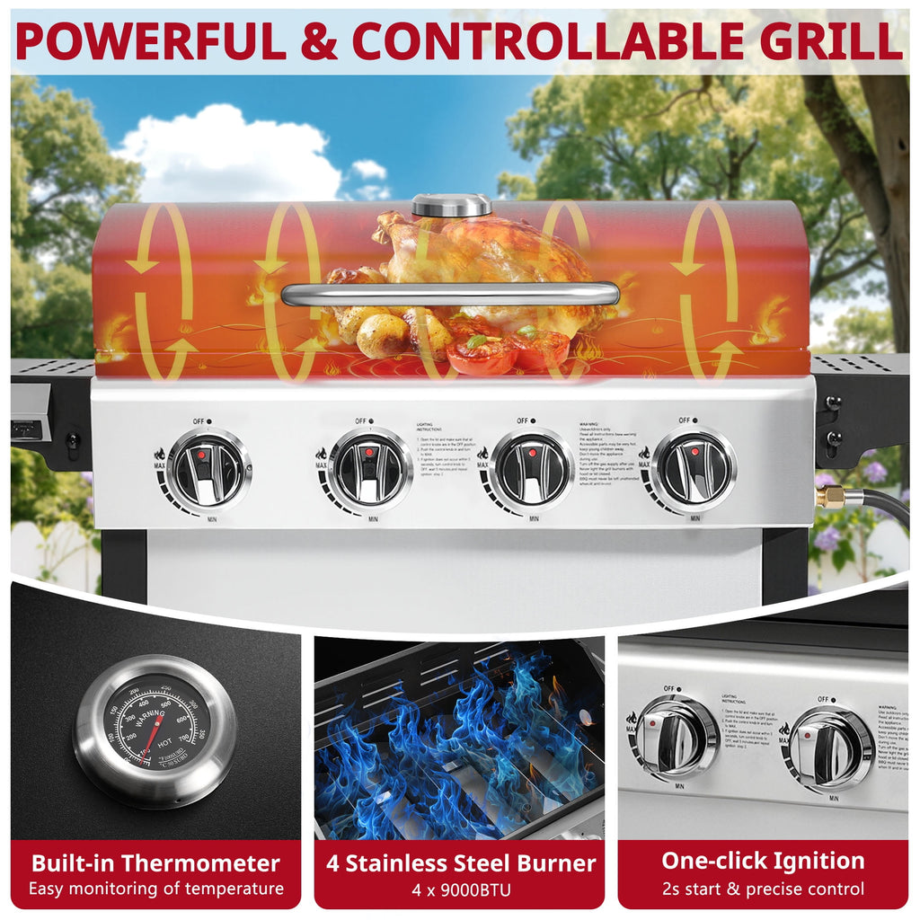 Enyopro Gas Grill, 4-Burner Propane Gas Grill, 40,00BTU Stainless Steel BBQ Grill With Foldable Side Table, Hanging Basket, for Outdoor Camping Barbecue