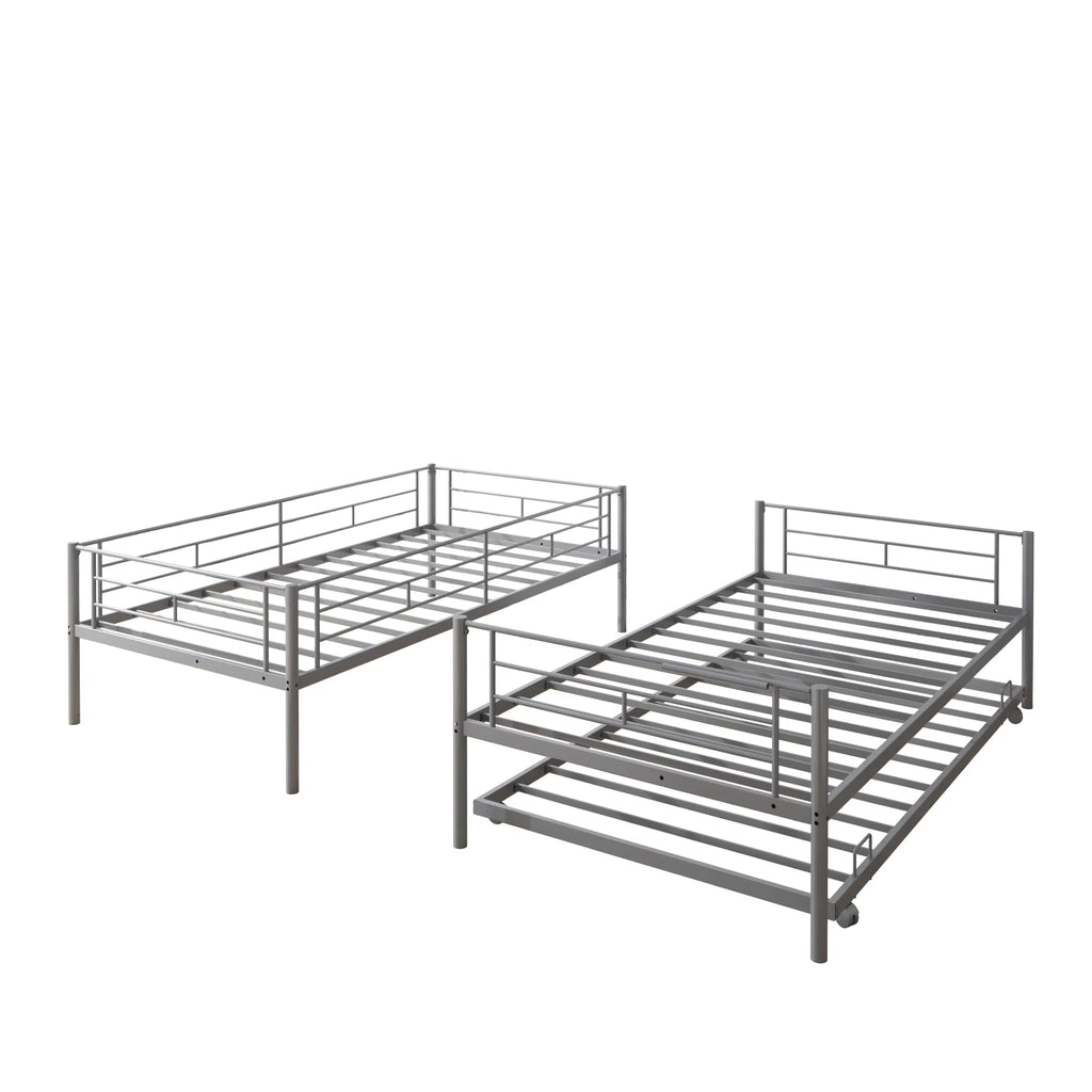 Enyopro Bunkbed with Roll Out Trundle Bed Frame, Metal Bunk Bed can be Divided into Two Twin Beds, Trundle Twin Bunk Bed with Ladders and Guardrails for Guest Room, Space Saving Bedroom Furniture