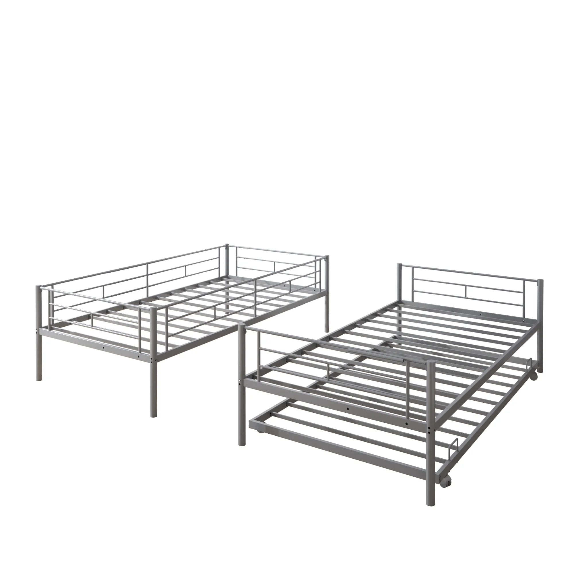 Enyopro Bunkbed with Roll Out Trundle Bed Frame, Metal Bunk Bed can be Divided into Two Twin Beds, Trundle Twin Bunk Bed with Ladders and Guardrails for Guest Room, Space Saving Bedroom Furniture