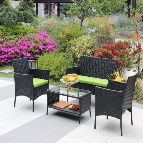 ENYOPRO 4-Piece PE Rattan Patio Conferencing Set, UV-Resistant Outdoor Patio Garden Upholstered Sofa Set with Glass Table (Green Cushions)