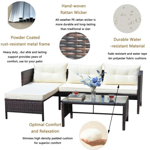 ENYOPRO 4-Piece Outdoor Patio Living Set, PE Rattan Modular All-Weather Lounge Set with Glass Table, Suitable for Patios, Gardens, Backyards, and Poolside (Off-White Cushions)