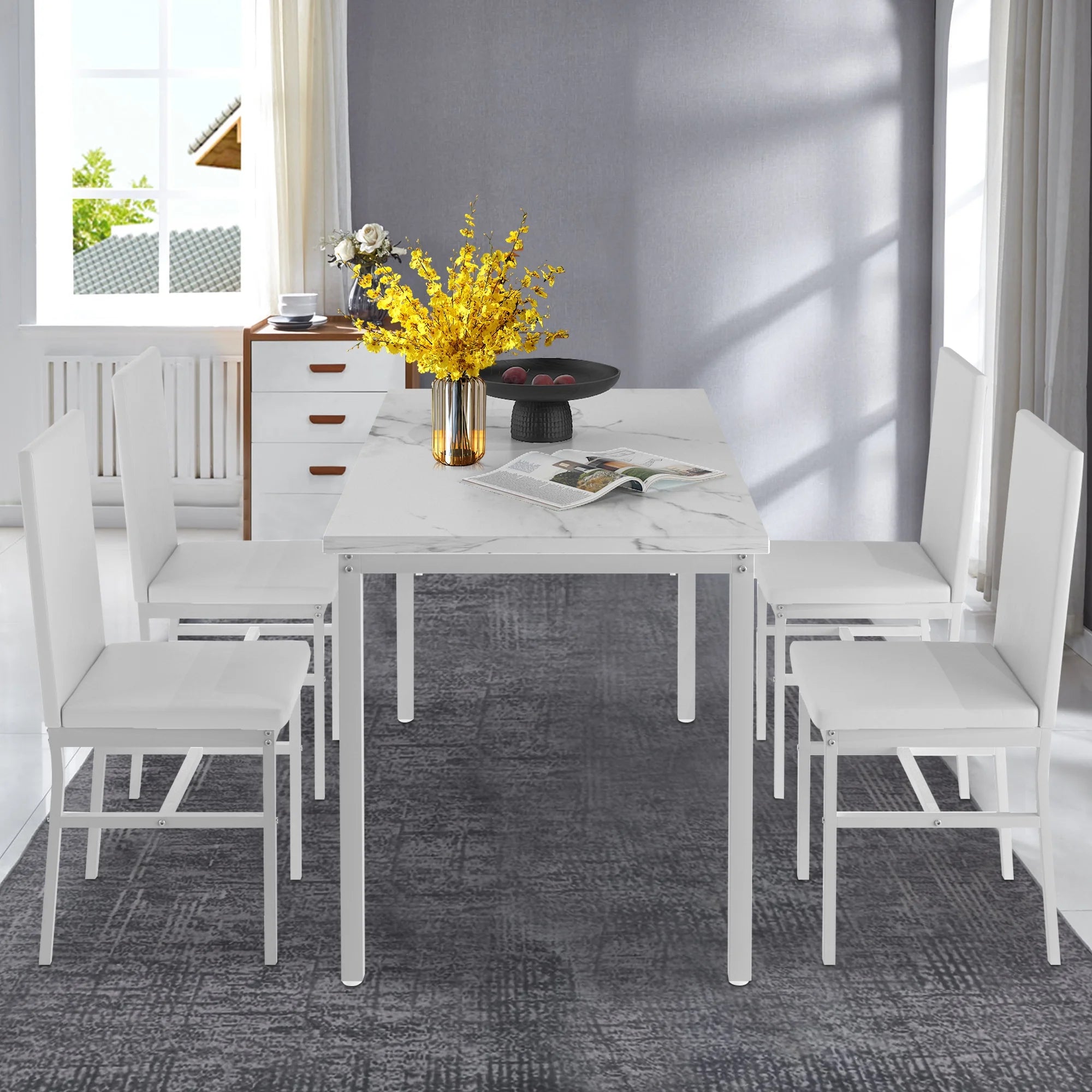 Dining Room Table Set for 4, Compact Kitchen Table and Chairs Set, Including 4 Upholstered Chairs, Marble Tabletop Rectangular Table, White
