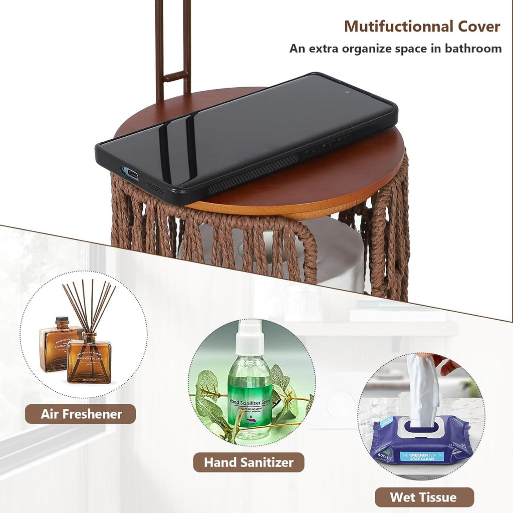 CASEMIOL Toilet Paper Holder Free Standing with Shelf, Handmade Woven Toilet Paper Holder Stand for 4 Rolls, Toilet Paper Storage for Phones and Small Items, Tissue Holder for Bathroom