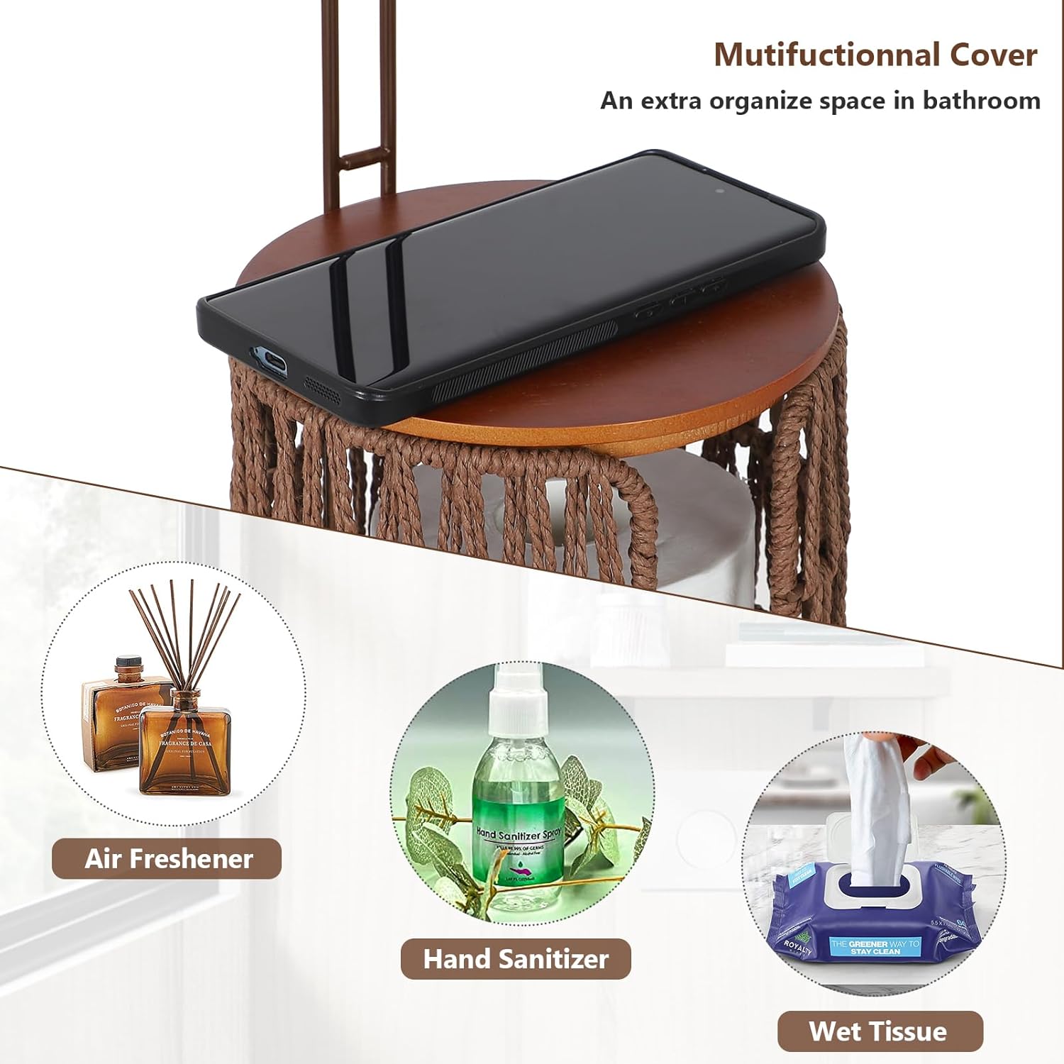 CASEMIOL Toilet Paper Holder Free Standing with Shelf, Handmade Woven Toilet Paper Holder Stand for 4 Rolls, Toilet Paper Storage for Phones and Small Items, Tissue Holder for Bathroom