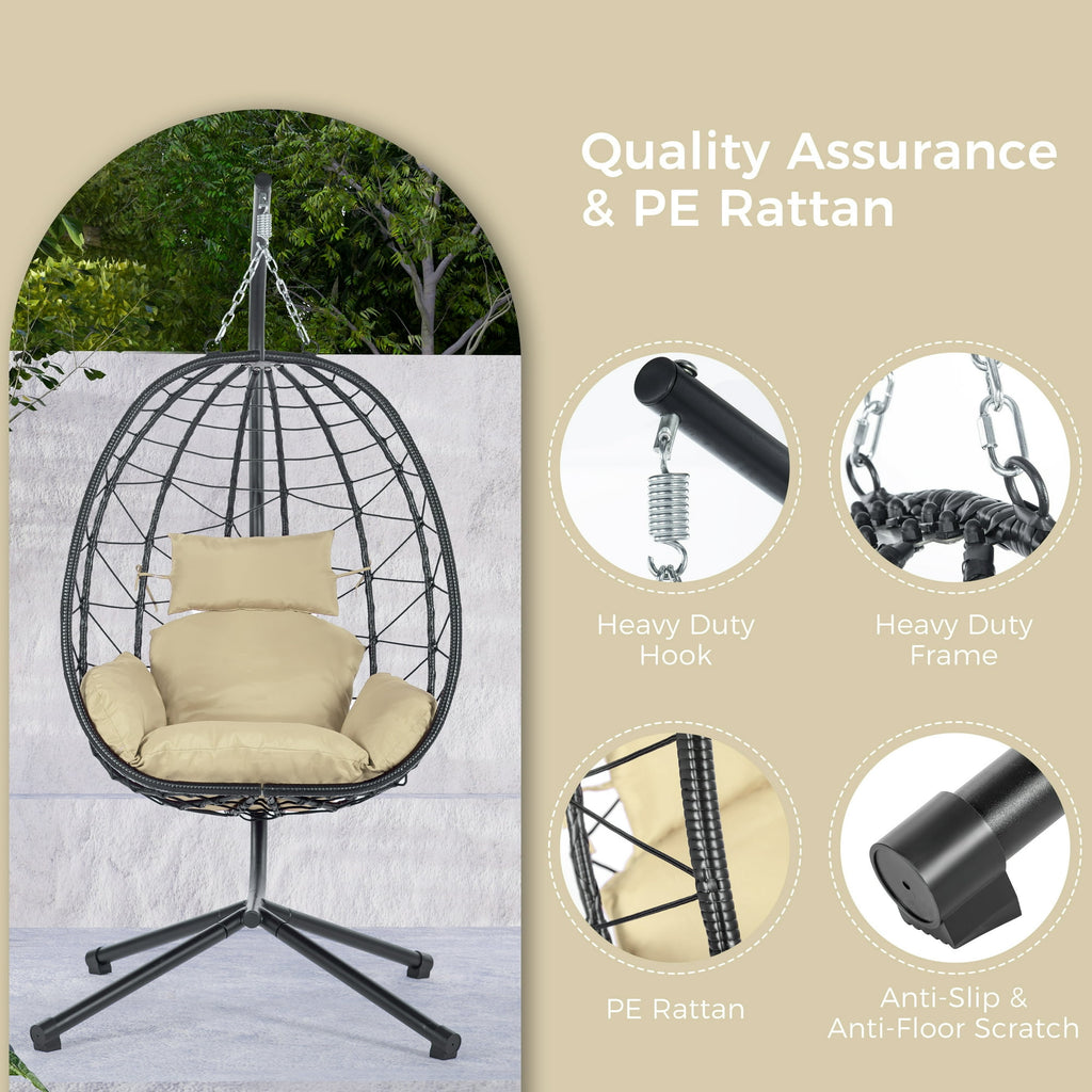 Outdoor Egg Chair, Patio Wicker Swing Egg Chair with Stand, Steel Frame, Soft Cushion and Pillow for Home Bedroom Patio Balcony, 350-Pound Weight Capacity, Khaki