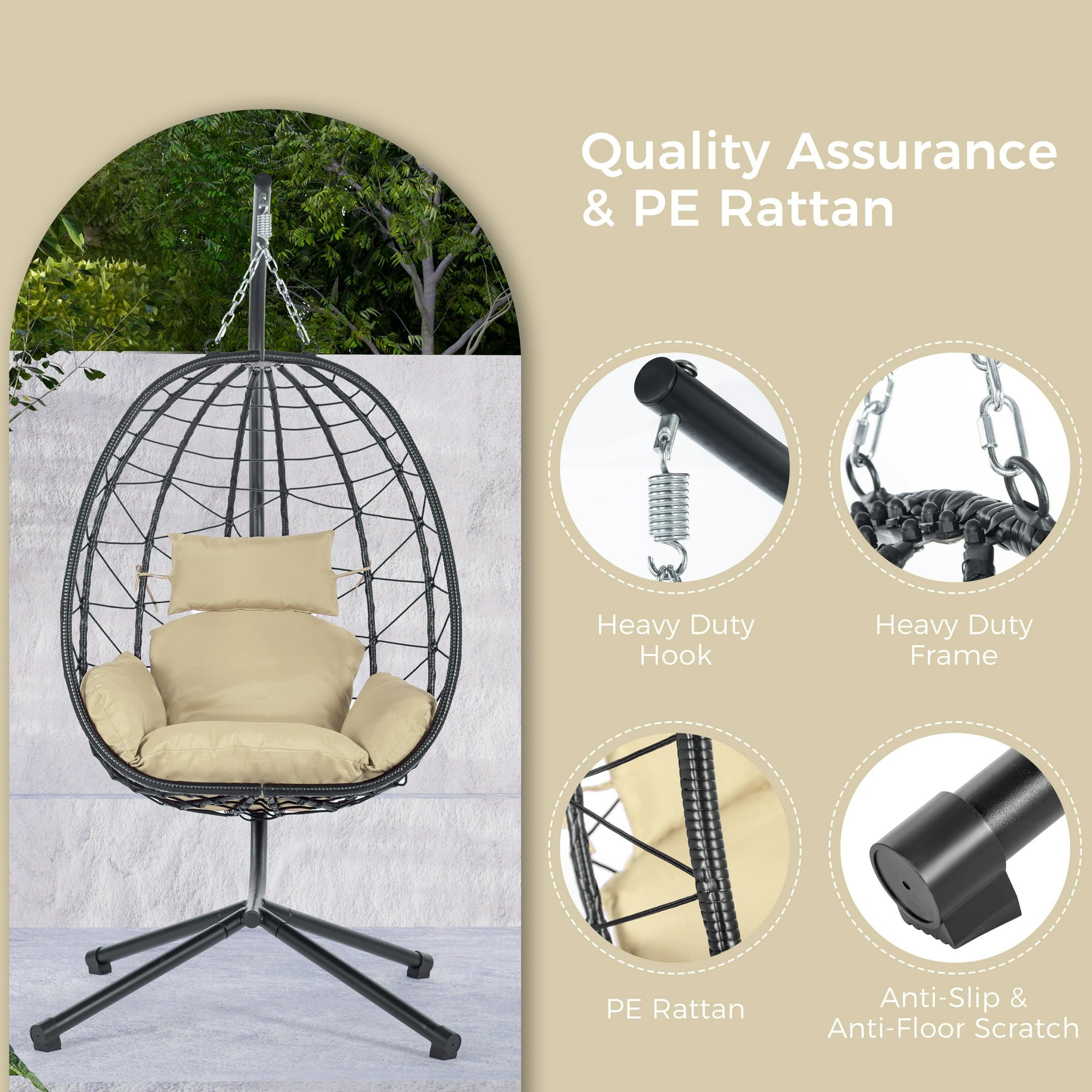 Outdoor Egg Chair, Patio Wicker Swing Egg Chair with Stand, Steel Frame, Soft Cushion and Pillow for Home Bedroom Patio Balcony, 350-Pound Weight Capacity, Khaki