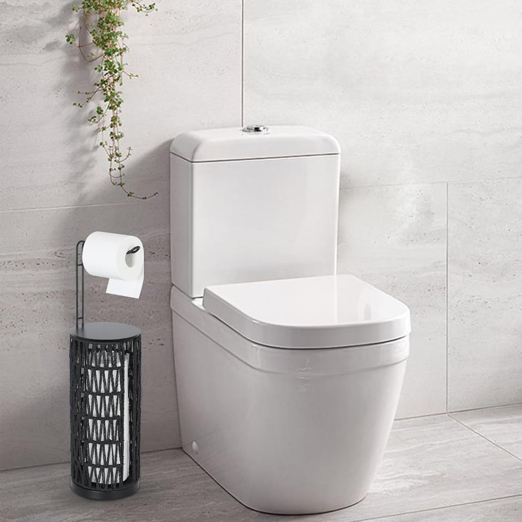 CASEMIOL Toilet Paper Holder Free Standing with Shelf, Handmade Woven Toilet Paper Holder Stand for 4 Rolls, Toilet Paper Storage for Phones and Small Items, Tissue Holder for Bathroom