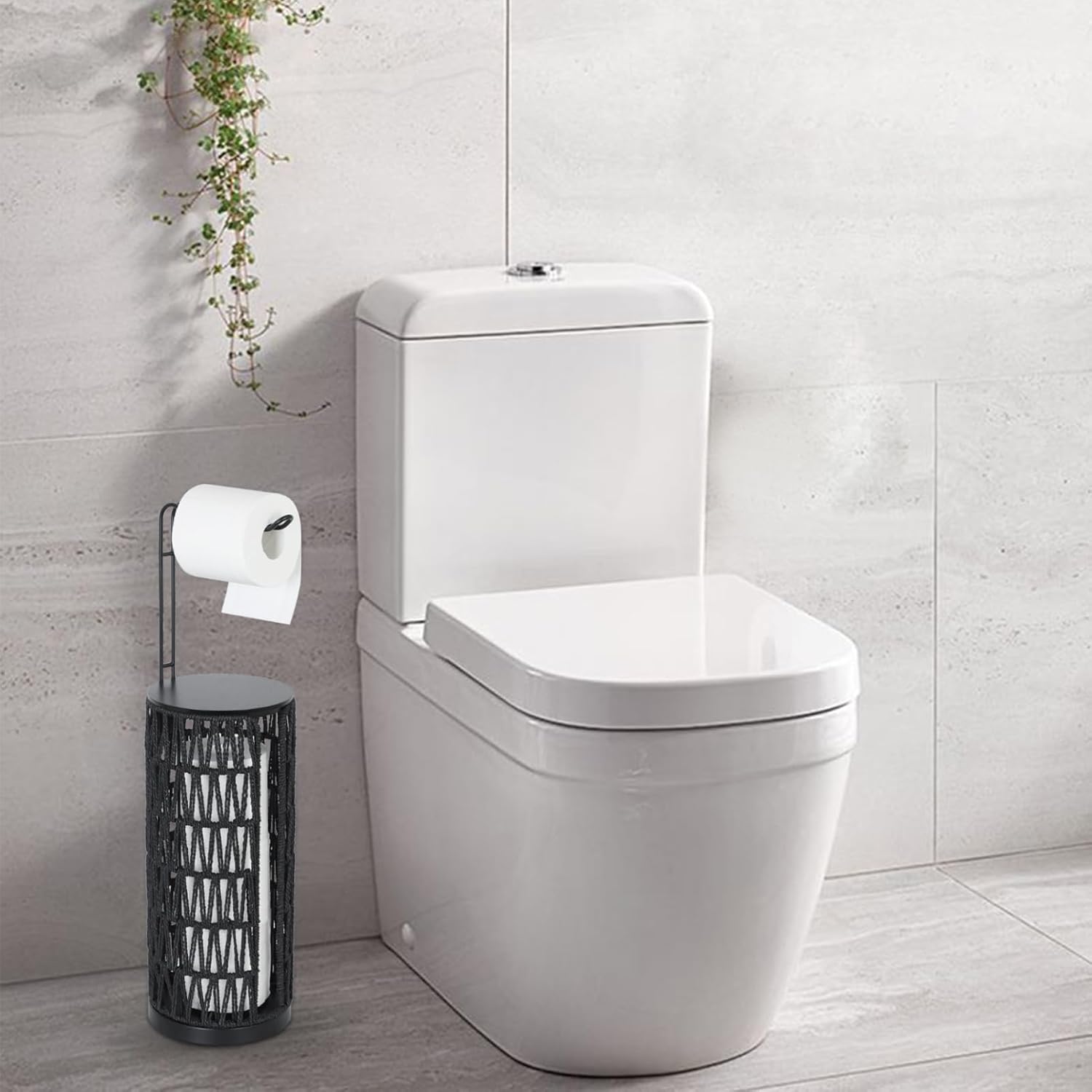CASEMIOL Toilet Paper Holder Free Standing with Shelf, Handmade Woven Toilet Paper Holder Stand for 4 Rolls, Toilet Paper Storage for Phones and Small Items, Tissue Holder for Bathroom