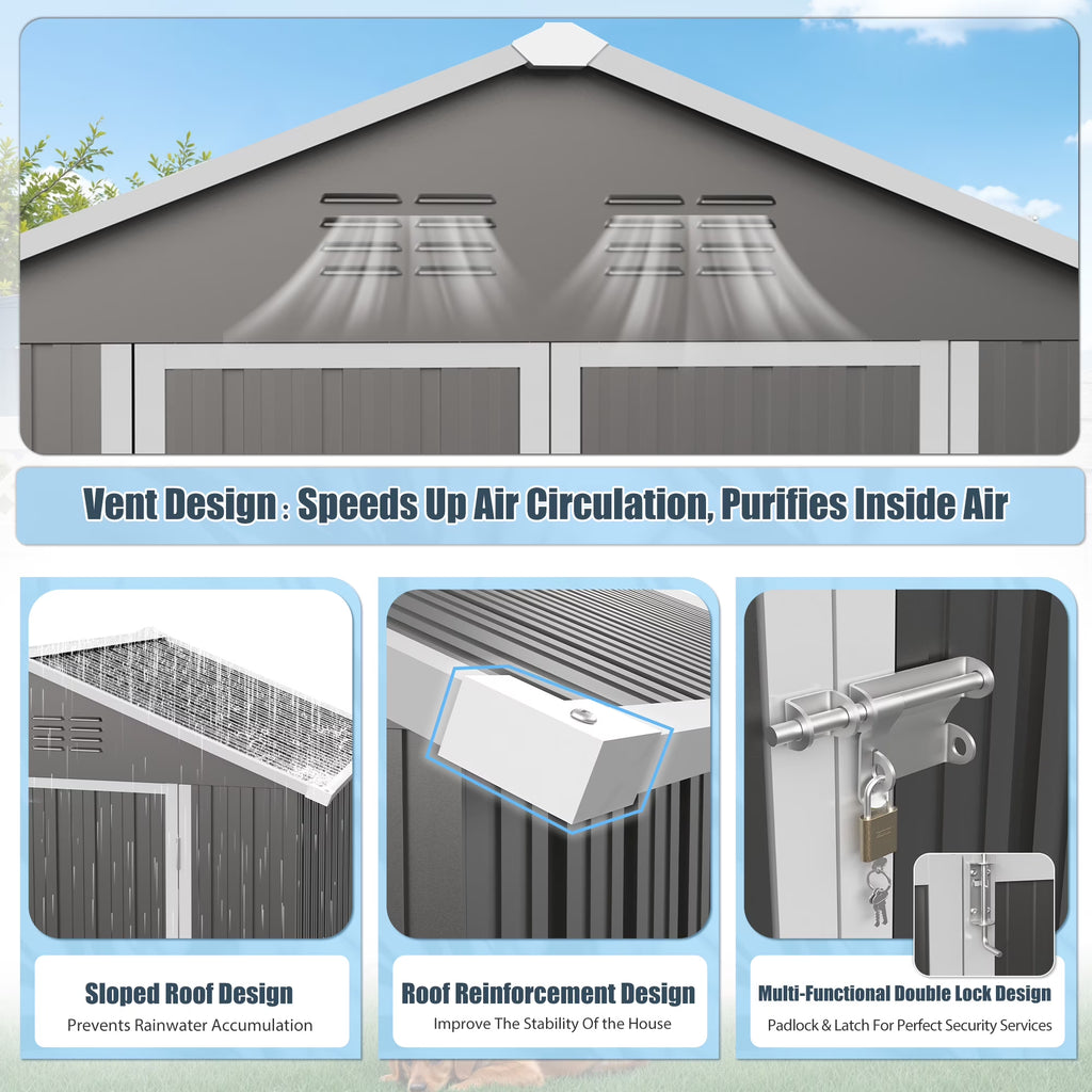6' x 4' Outdoor Storage Shed with Base, ENYOPRO Galvanized Metal Garden Tool Shed with Lockable Double Doors, Sloped Roof & Vent for Backyard Patio Lawn, Gray