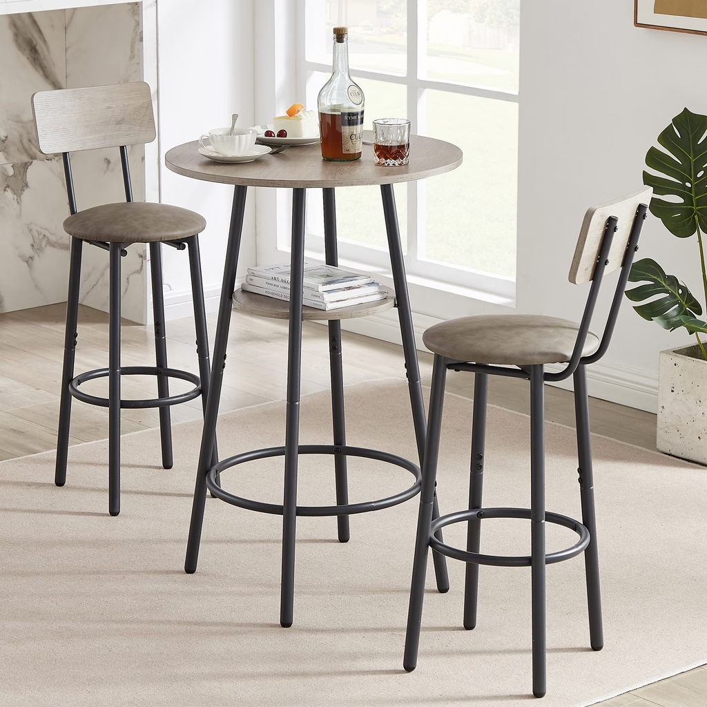 Kitchen Bar Table Set, 3-Piece Bar Table Set for Kitchen, Round Dining Room Set with 2 Upholstered Chairs, Gray Table and Chairs Dining Set for Pub Bistro Restaurant
