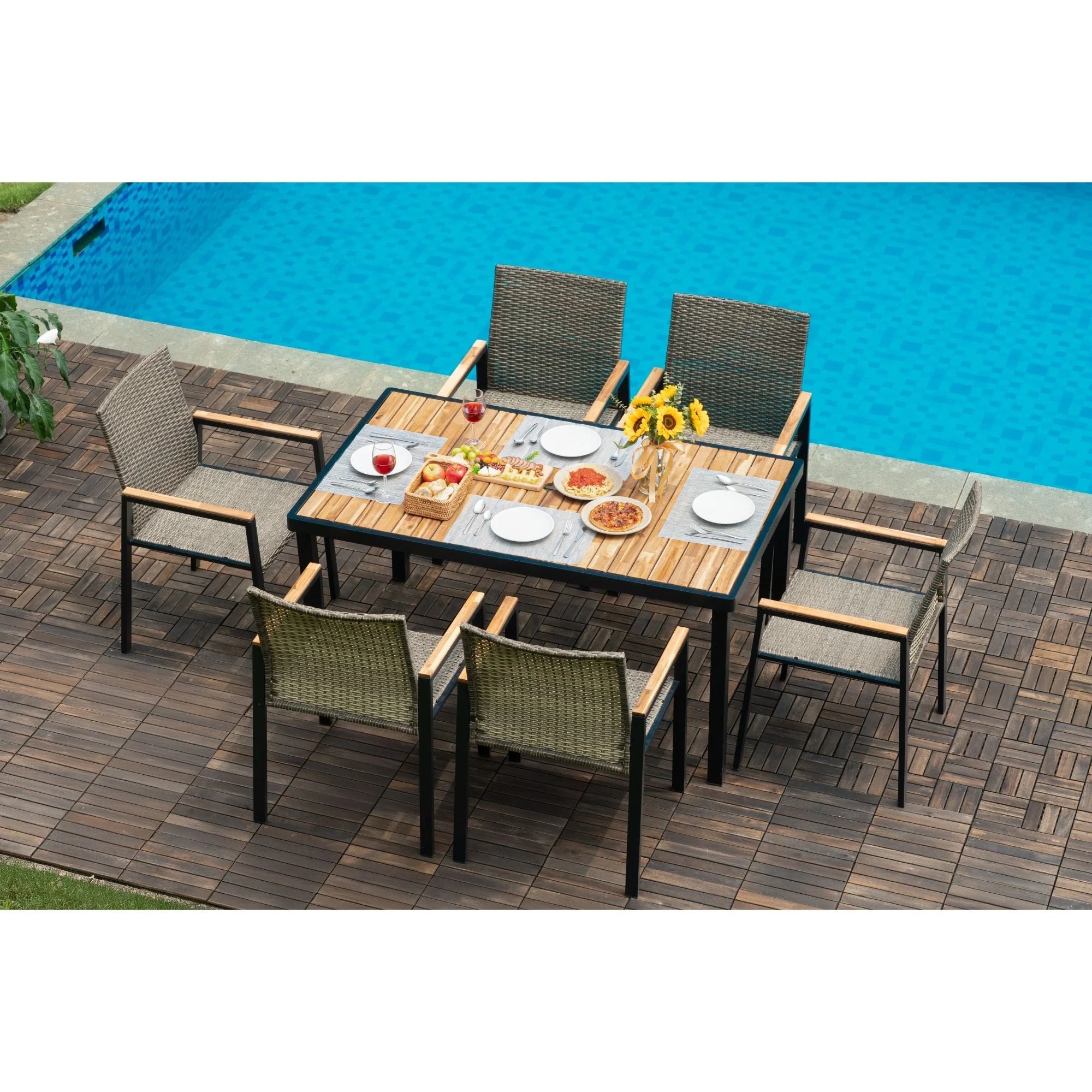 Enyopro 7 Piece Rattan Patio Dining Set, Acacia Wood Tabletop & Umbrella Hole, Modern Garden Conversation Set for Patio, Brown Gray