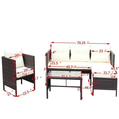 ENYOPRO 4-Piece Outdoor Patio Living Set, PE Rattan Modular All-Weather Lounge Set with Glass Table, Suitable for Patios, Gardens, Backyards, and Poolside (Off-White Cushions)