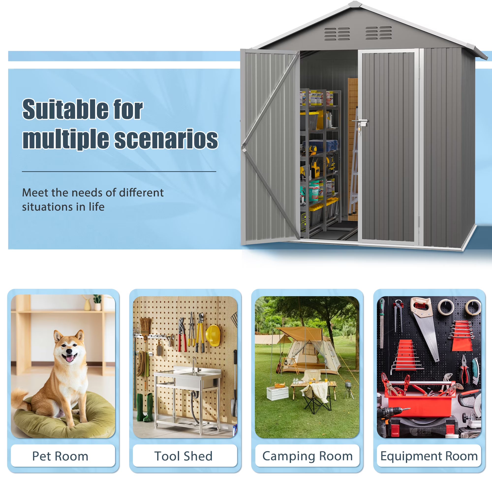 6' x 4' Outdoor Storage Shed with Base, ENYOPRO Galvanized Metal Garden Tool Shed with Lockable Double Doors, Sloped Roof & Vent for Backyard Patio Lawn, Gray