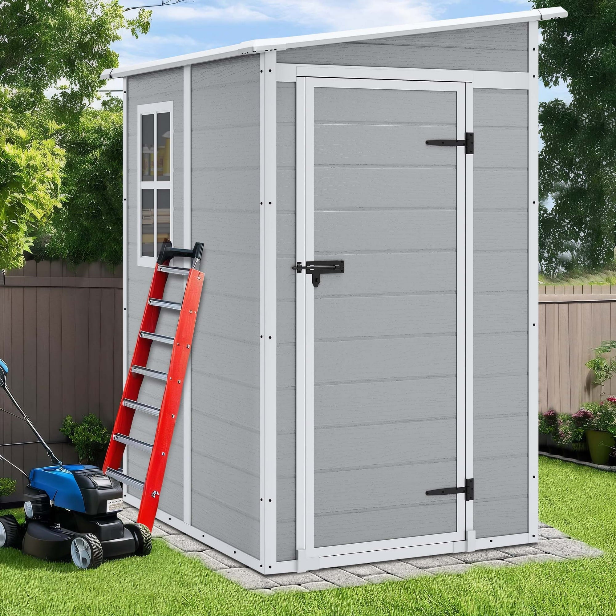 Enyopro 5 x 4FT Outdoor Storage, All-Weather Plastic Resin shed, Utility Tool Large Shed with Dual Lockable Doors for Patio Backyard Lawn, Dark Gray