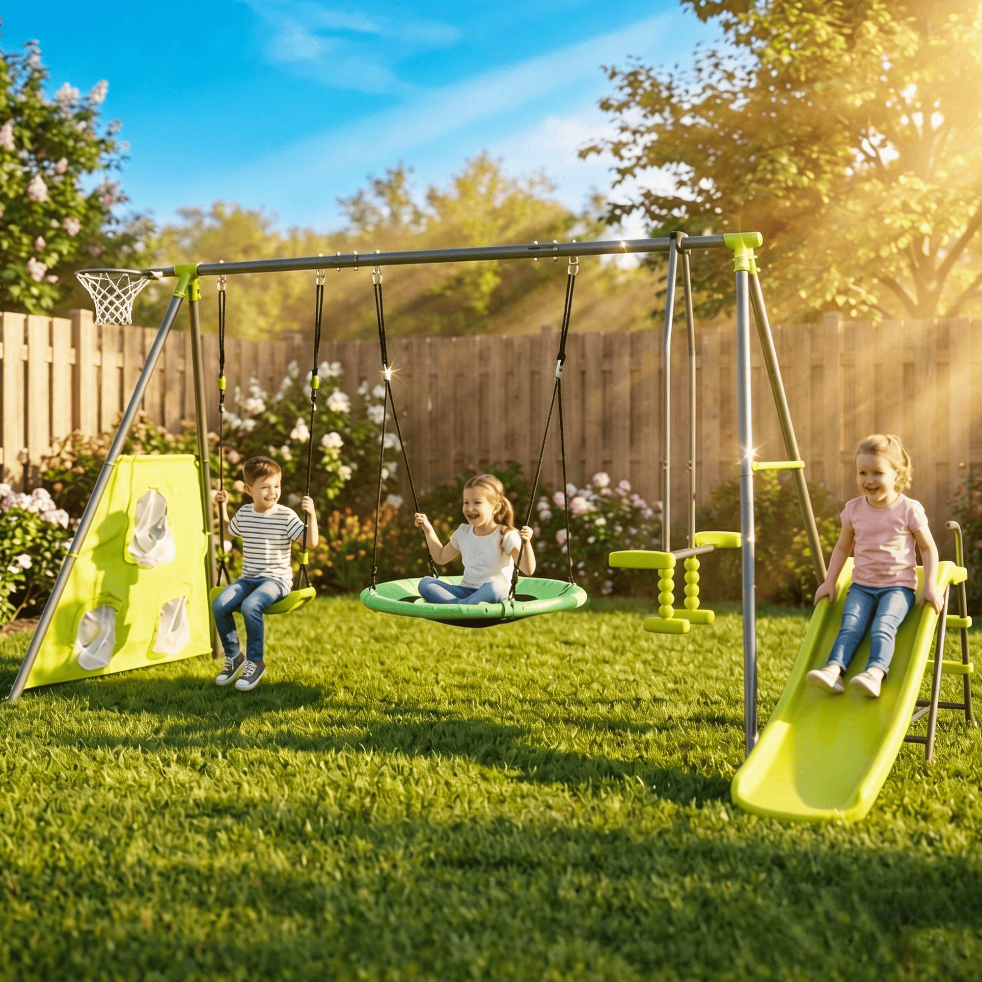 Enyopro Metal Swing Set for Outside, 6 in 1 Swing Set with Slide, Seesaw Swing, Single Swing and Basketball Hoop, Outdoor Playground Playset for 3+ Kids, Green