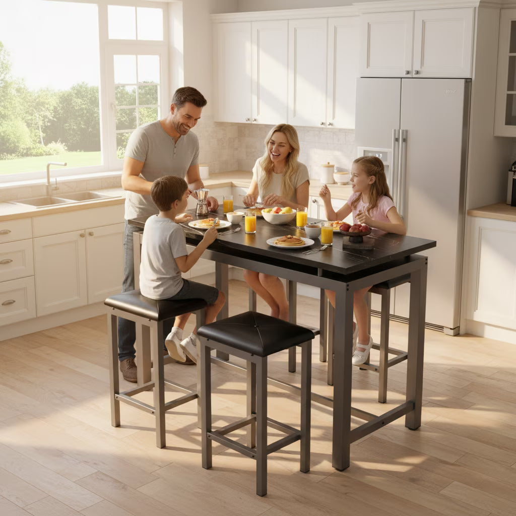 5-piece rectangular dining table and chair set with a faux marble tabletop and 4 PU leather chairs with adjustable footrests, suitable for a kitchen, dining room, or bar.