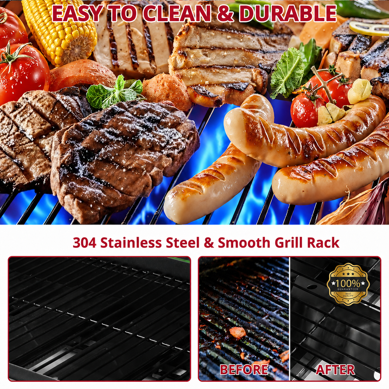 Enyopro 4 Burner BBQ Propane Gas Grill, Stainless Steel 40,000 BTU Patio Garden Barbecue Grill with Side Tables, Built-in Thermometer, 4 Universal Wheels for Outdoor Cooking Patio Backyard