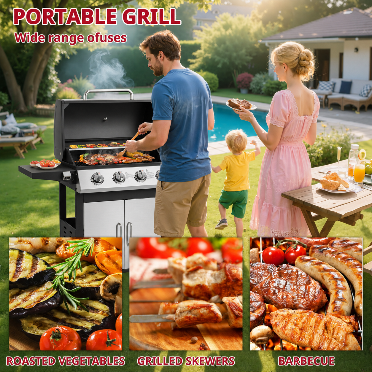 Enyopro 4 Burner BBQ Propane Gas Grill, Stainless Steel 40,000 BTU Patio Garden Barbecue Grill with Side Tables, Built-in Thermometer, 4 Universal Wheels for Outdoor Cooking Patio Backyard