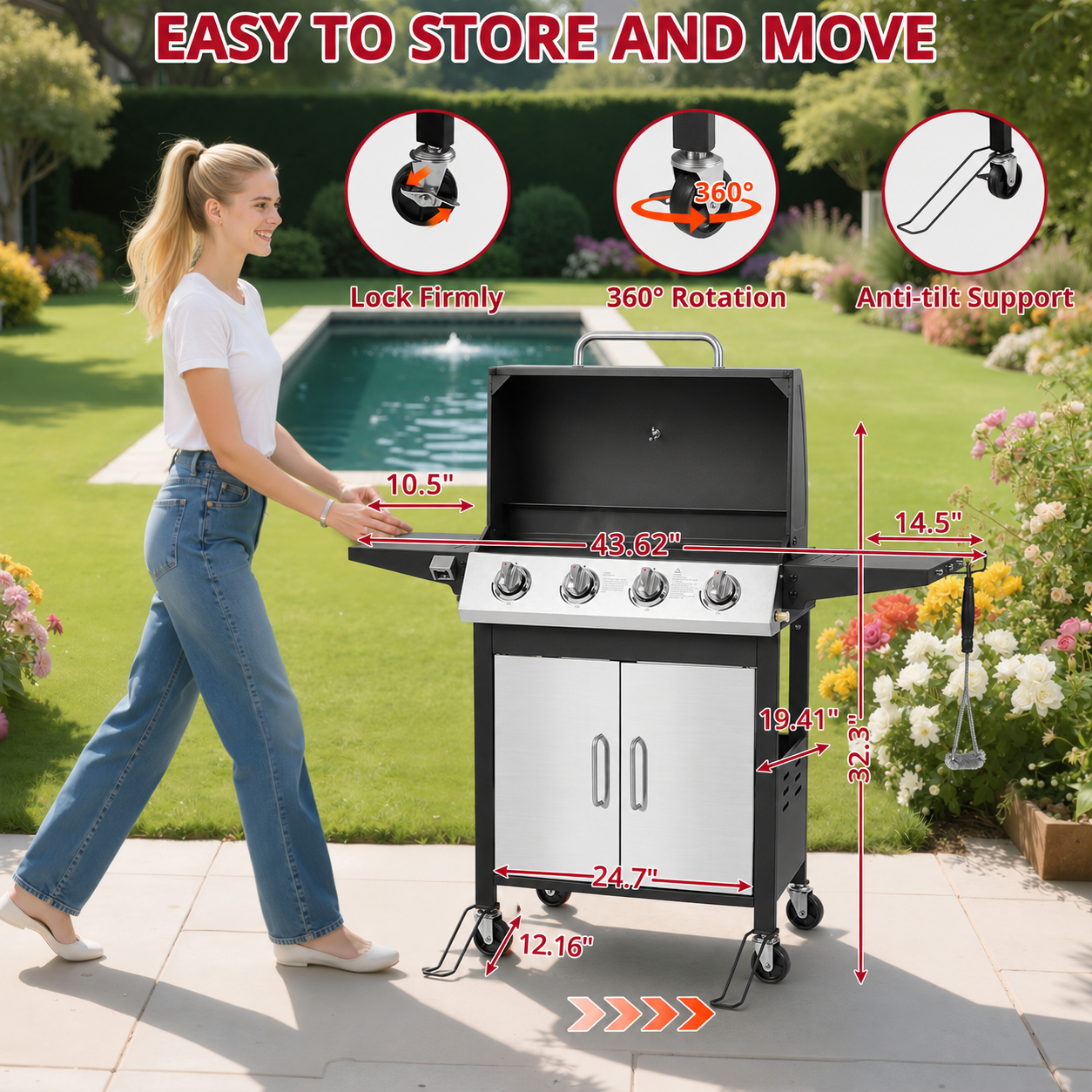 Enyopro 4 Burner BBQ Propane Gas Grill, Stainless Steel 40,000 BTU Patio Garden Barbecue Grill with Side Tables, Built-in Thermometer, 4 Universal Wheels for Outdoor Cooking Patio Backyard